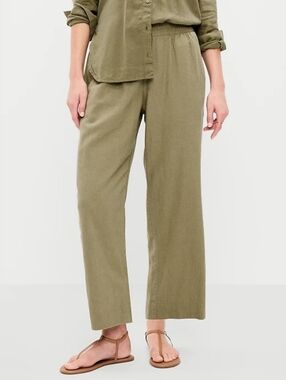 High-Waisted Linen-Blend Straight Ankle Pants